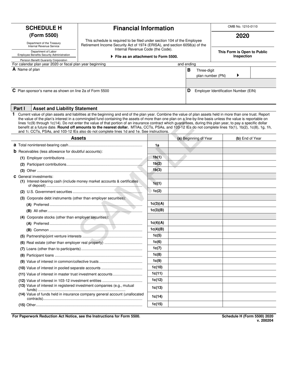 Form 5500 Schedule H Financial Information - Sample, Page 1