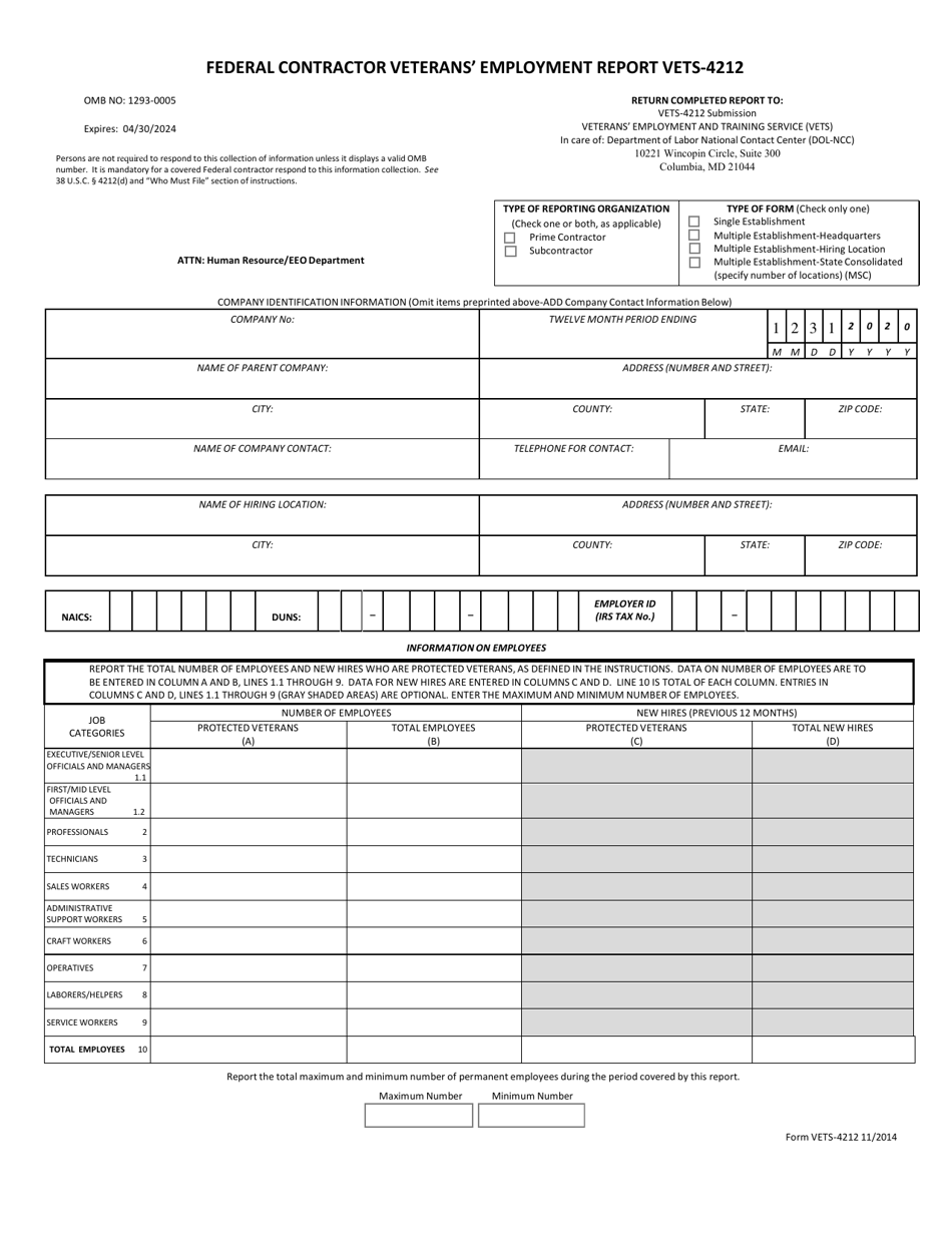 Form VETS-4212 Federal Contractor Veterans Employment Report, Page 1