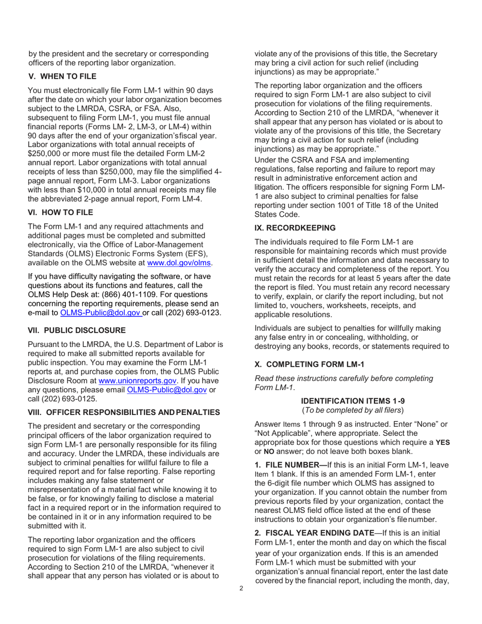Instructions for Form LM-1 Labor Organization Information Report, Page 2