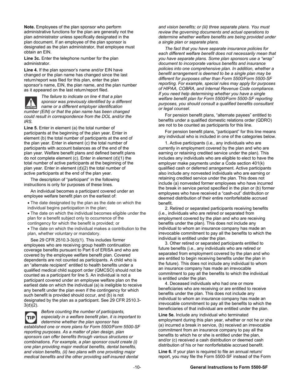 Instructions for Form 5500-SF Short Form Annual Return / Report of Small Employee Benefit Plan, Page 10