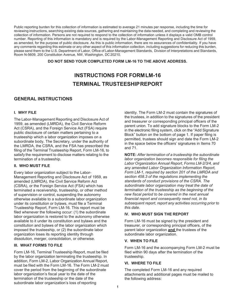 Instructions for Form LM-16 Terminal Trusteeship Report, Page 1