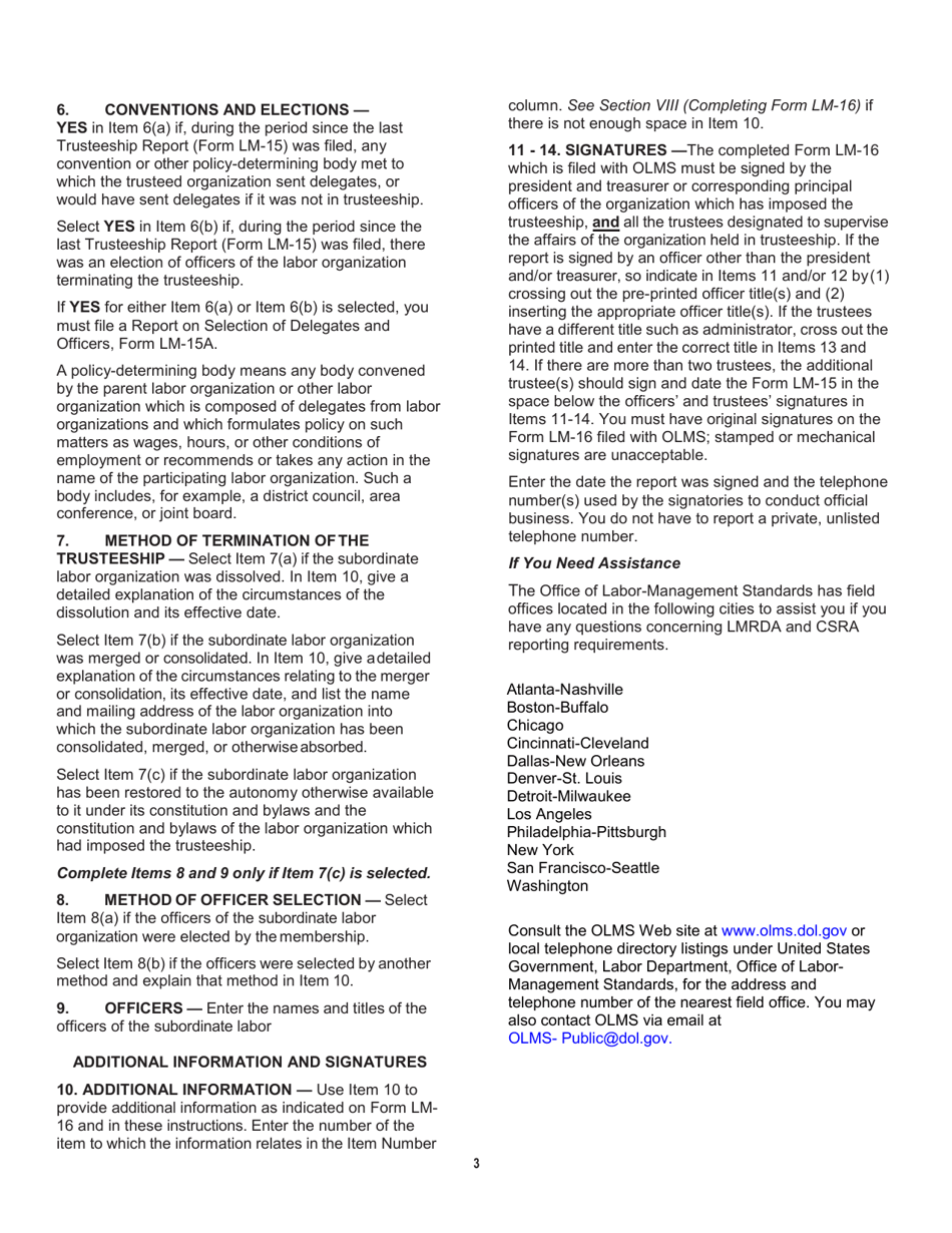 Instructions for Form LM-16 Terminal Trusteeship Report, Page 3