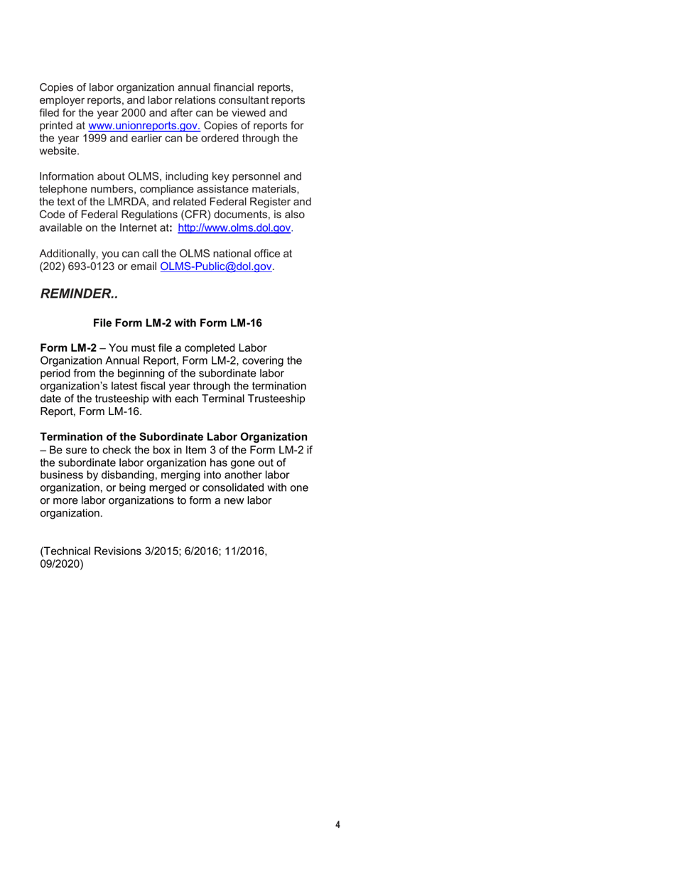 Instructions for Form LM-16 Terminal Trusteeship Report, Page 4