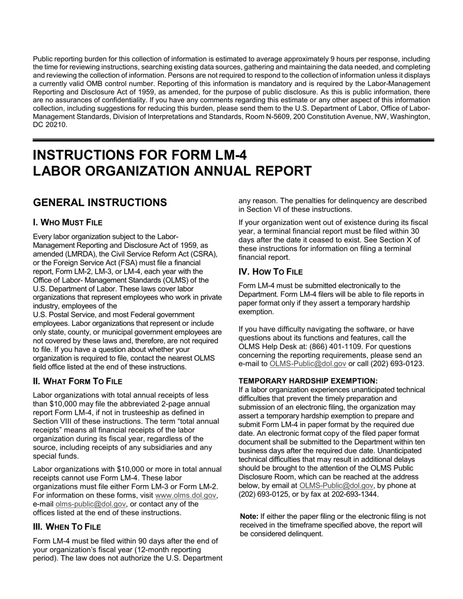 Download Instructions for Form LM4 Labor Organization Annual Report