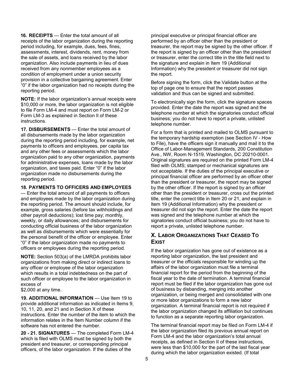 Download Instructions for Form LM4 Labor Organization Annual Report