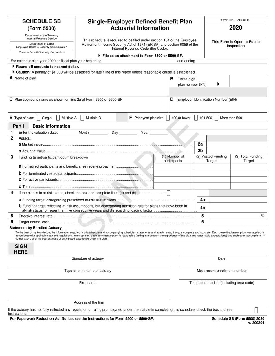 Form 5500 Schedule SB Single-Employer Defined Benefit Plan Actuarial Information - Sample, Page 1