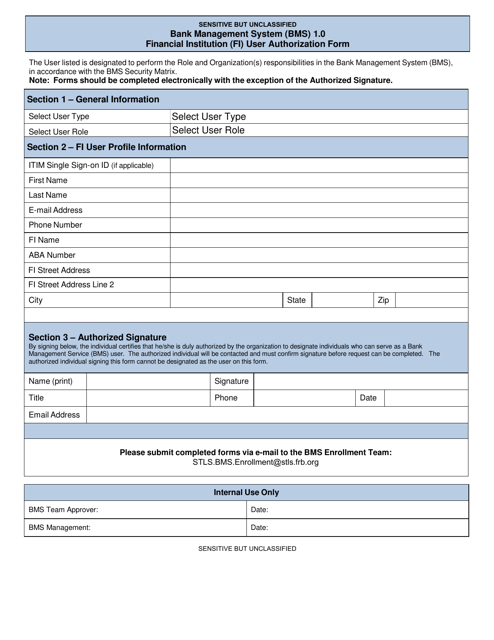 Bank Management System (Bms) Financial Institution (Fi) User Authorization Form Download Pdf