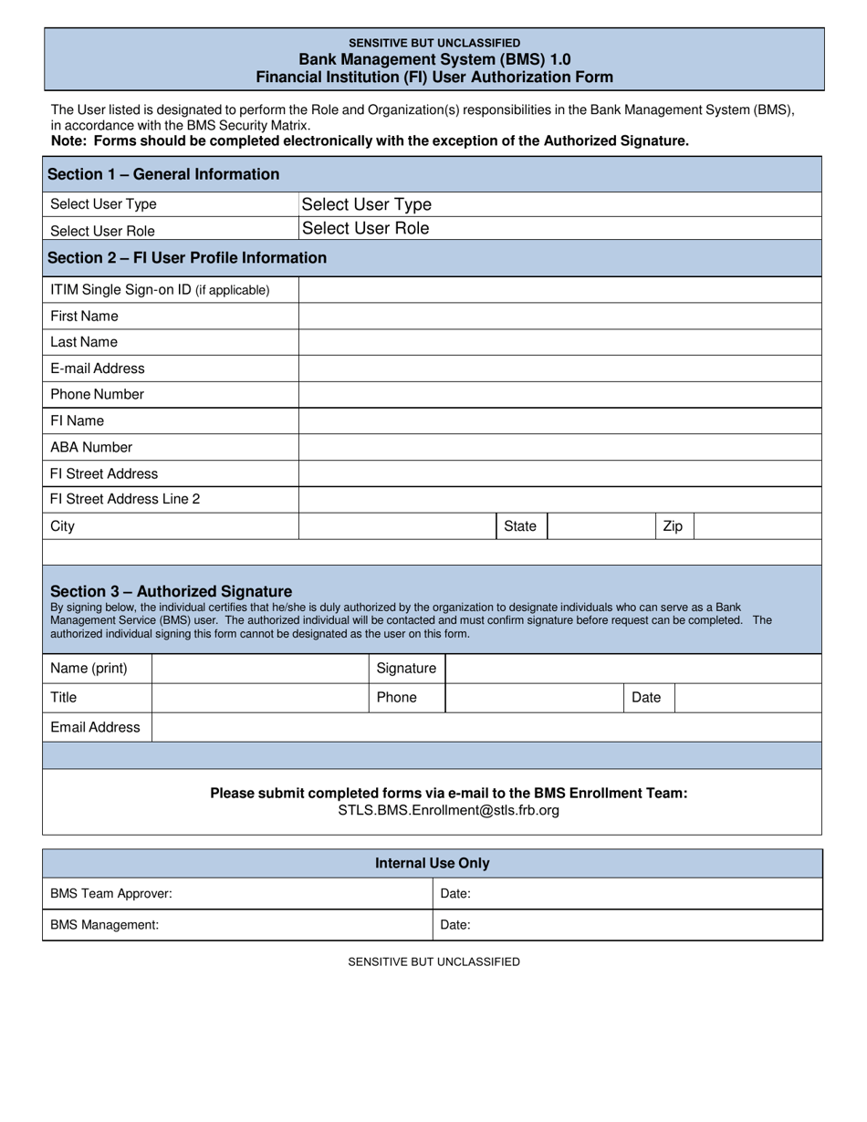 Bank Management System (Bms) Financial Institution (Fi) User Authorization Form, Page 1