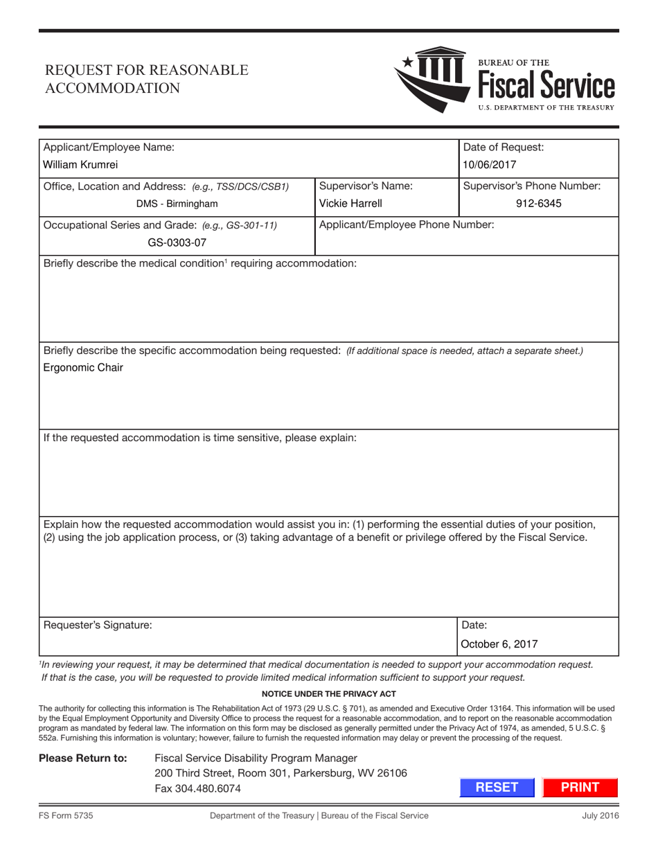 FS Form 5735 Request for Reasonable Accommodation, Page 1