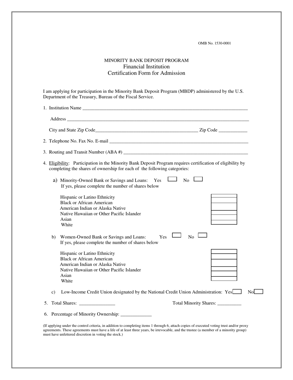 FS Form 3144 Certification Form for Admission - Minority Bank Deposit Program, Page 1