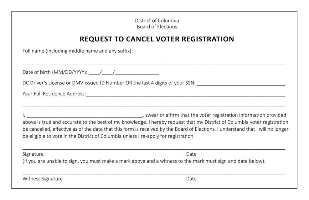 Request to Cancel Voter Registration - Washington, D.C. Download Pdf