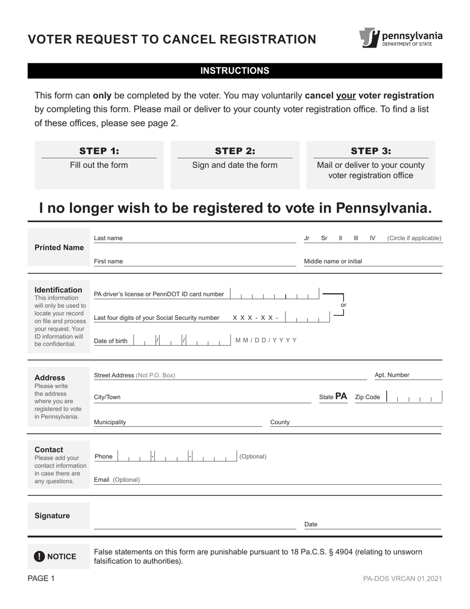Pennsylvania Voter Request to Cancel Registration Fill Out, Sign