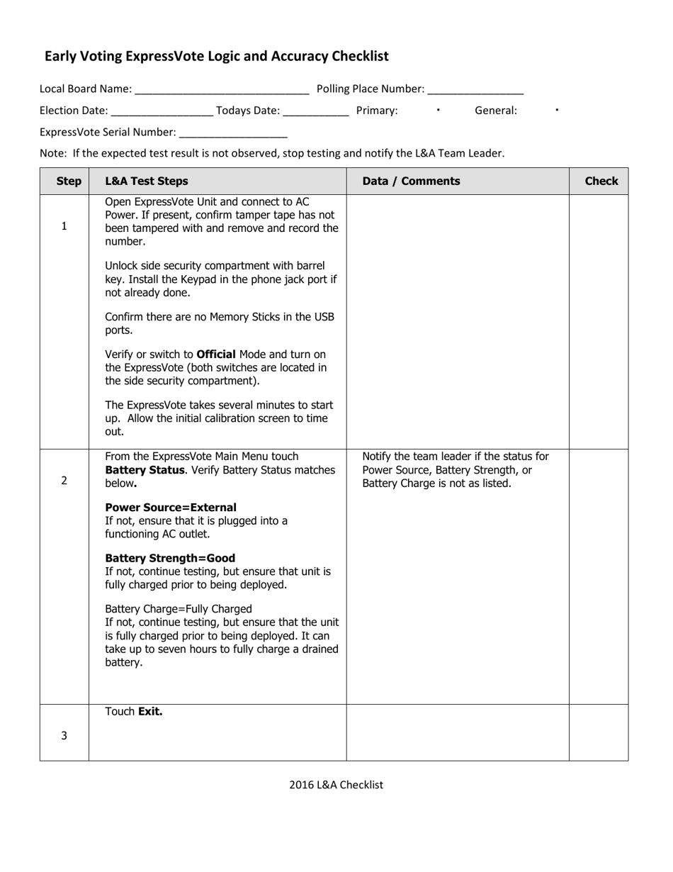 Early Voting Expressvote Logic and Accuracy Checklist - Fill Out, Sign ...