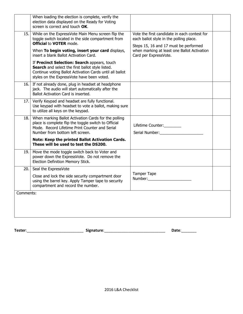 Election Day Expressvote Logic and Accuracy Checklist, Page 3