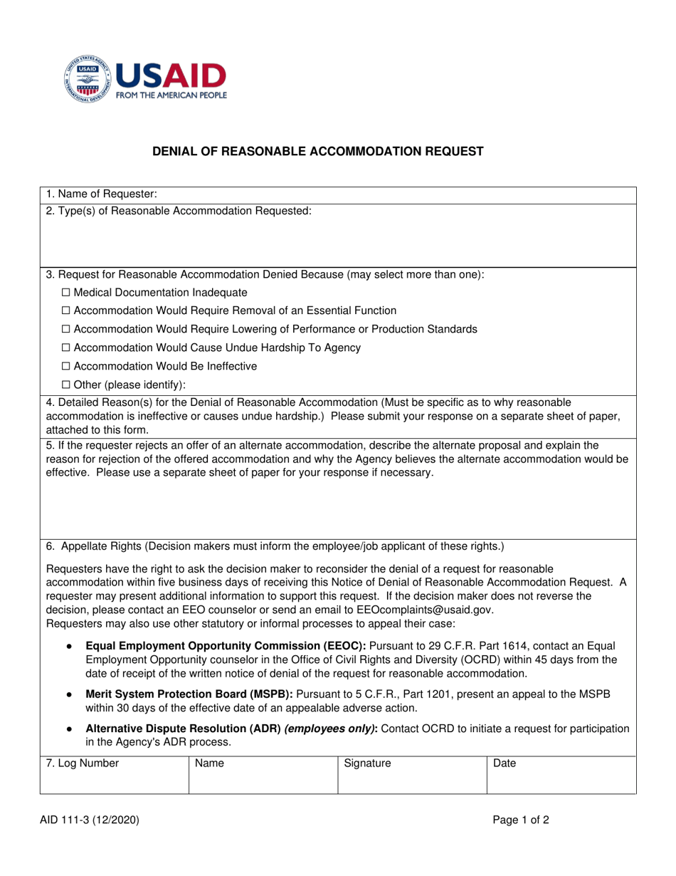 Form AID111-3 Denial of Reasonable Accommodation Request, Page 1