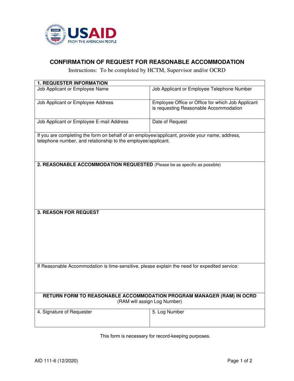 Form AID111-6 Confirmation of Request for Reasonable Accommodation, Page 1
