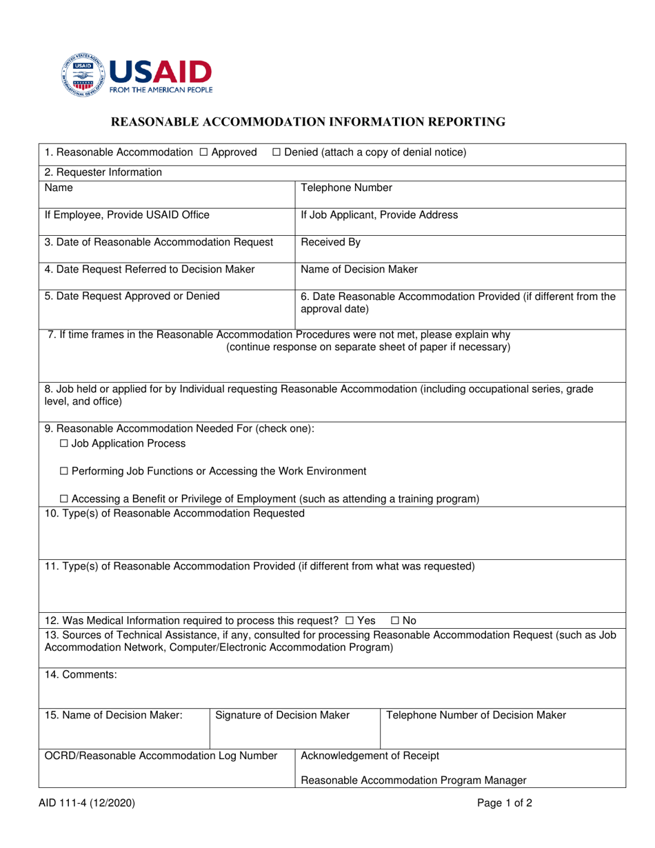 Form AID111-4 Reasonable Accommodation Information Reporting, Page 1