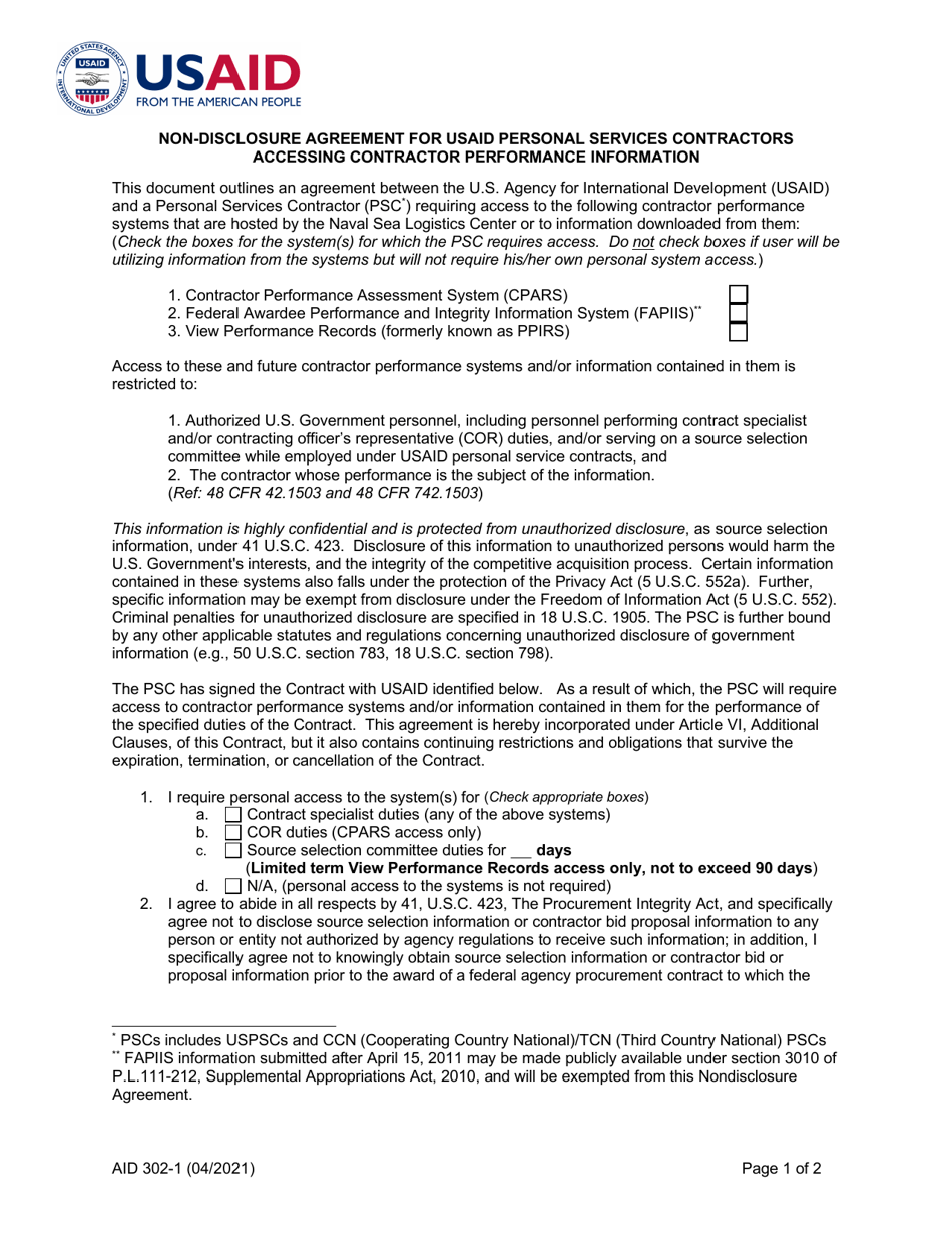 Form AID302-1 Non-disclosure Agreement for Usaid Personal Services Contractors Accessing Contractor Performance Information, Page 1