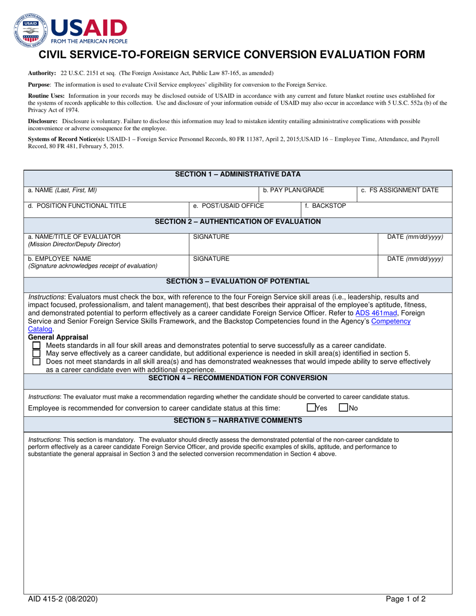 Form AID415-2 Civil Service-To-Foreign Service Conversion Evaluation Form, Page 1