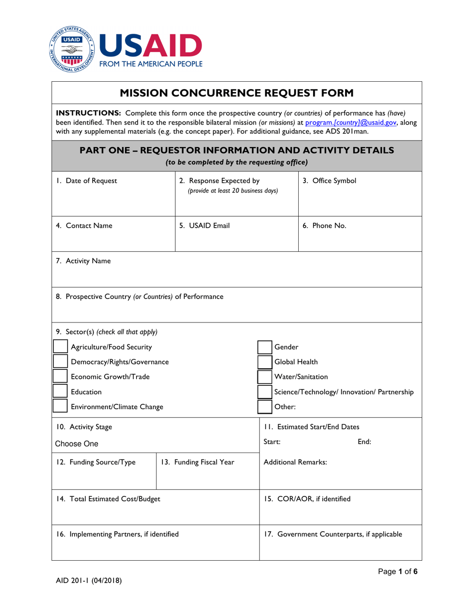 Form AID201-1 Mission Concurrence Request Form, Page 1