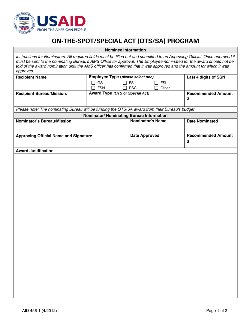 Form AID456-1 On-The-Spot / Special Act (Ots / Sa) Program, Page 1