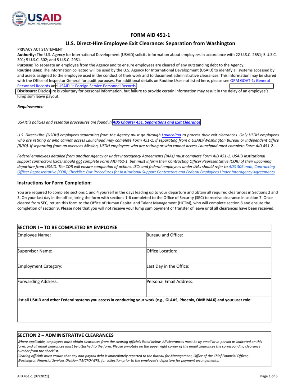 Form AID451-1 U.S. Direct-Hire Employee Exit Clearance: Separation From Washington, Page 1
