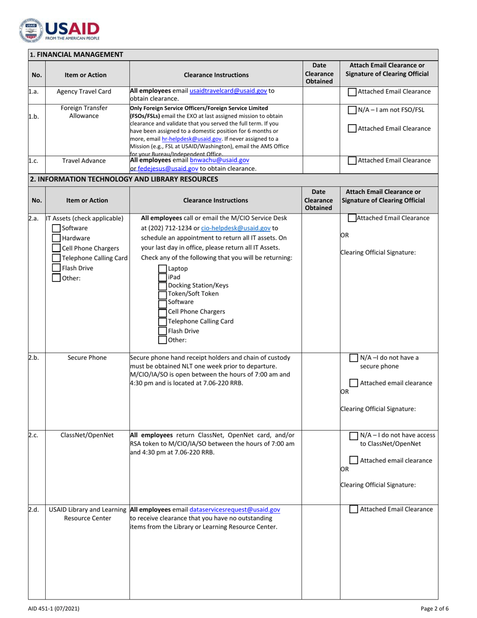 Form AID451-1 U.S. Direct-Hire Employee Exit Clearance: Separation From Washington, Page 2