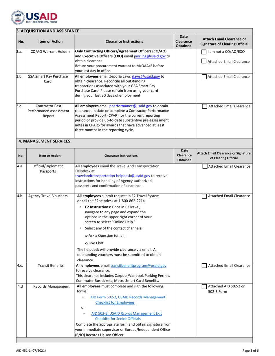 Form AID451-1 U.S. Direct-Hire Employee Exit Clearance: Separation From Washington, Page 3