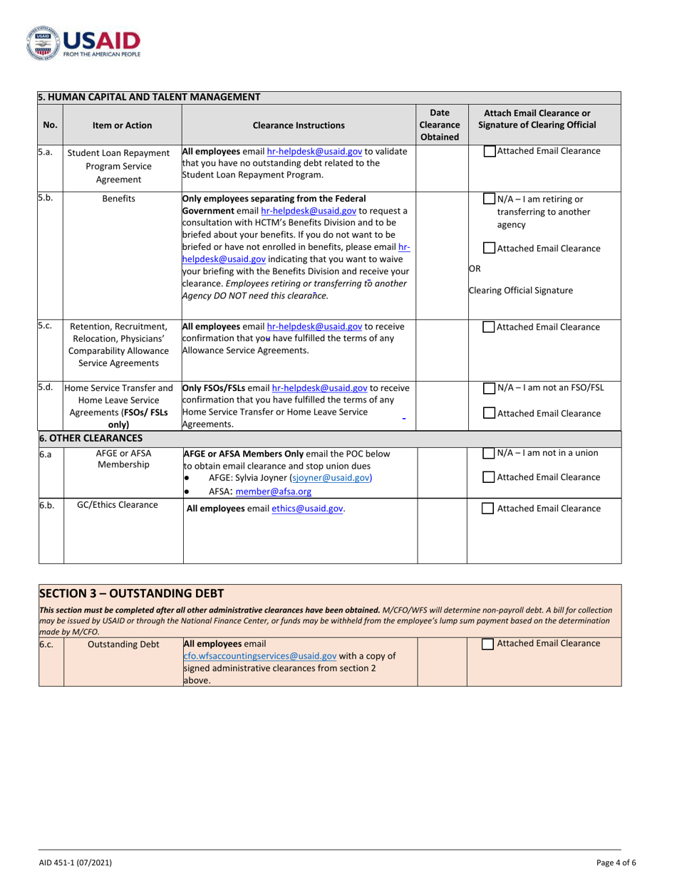 Form AID451-1 U.S. Direct-Hire Employee Exit Clearance: Separation From Washington, Page 4