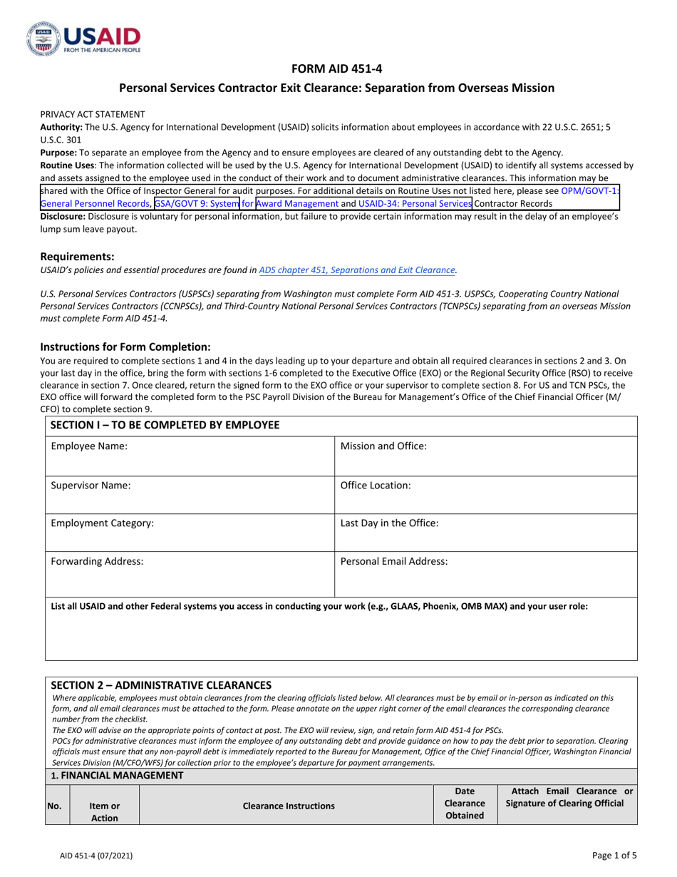 Form AID451-4 Personal Services Contractor Exit Clearance: Separation From Overseas Mission, Page 1