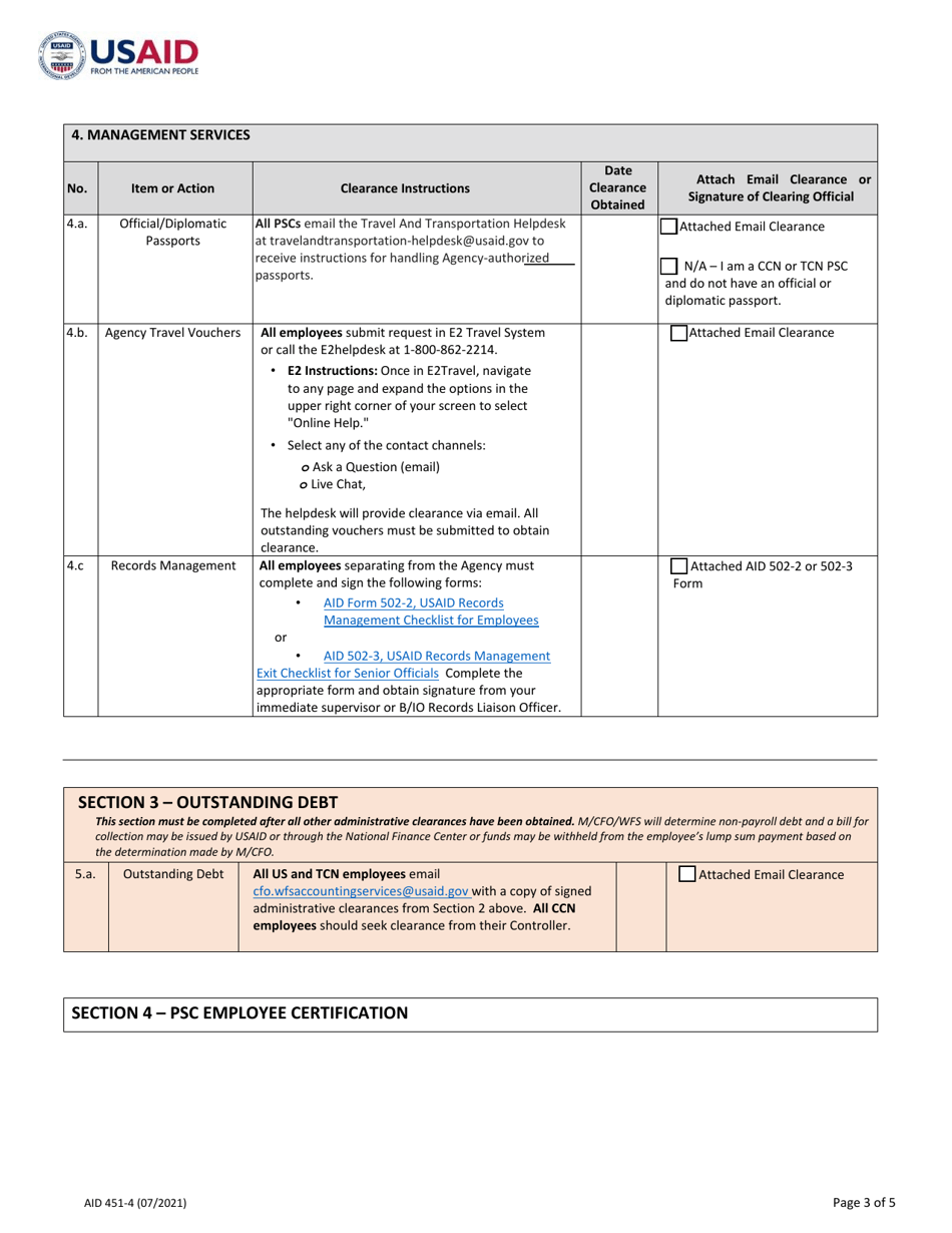 Form AID451-4 Personal Services Contractor Exit Clearance: Separation From Overseas Mission, Page 3