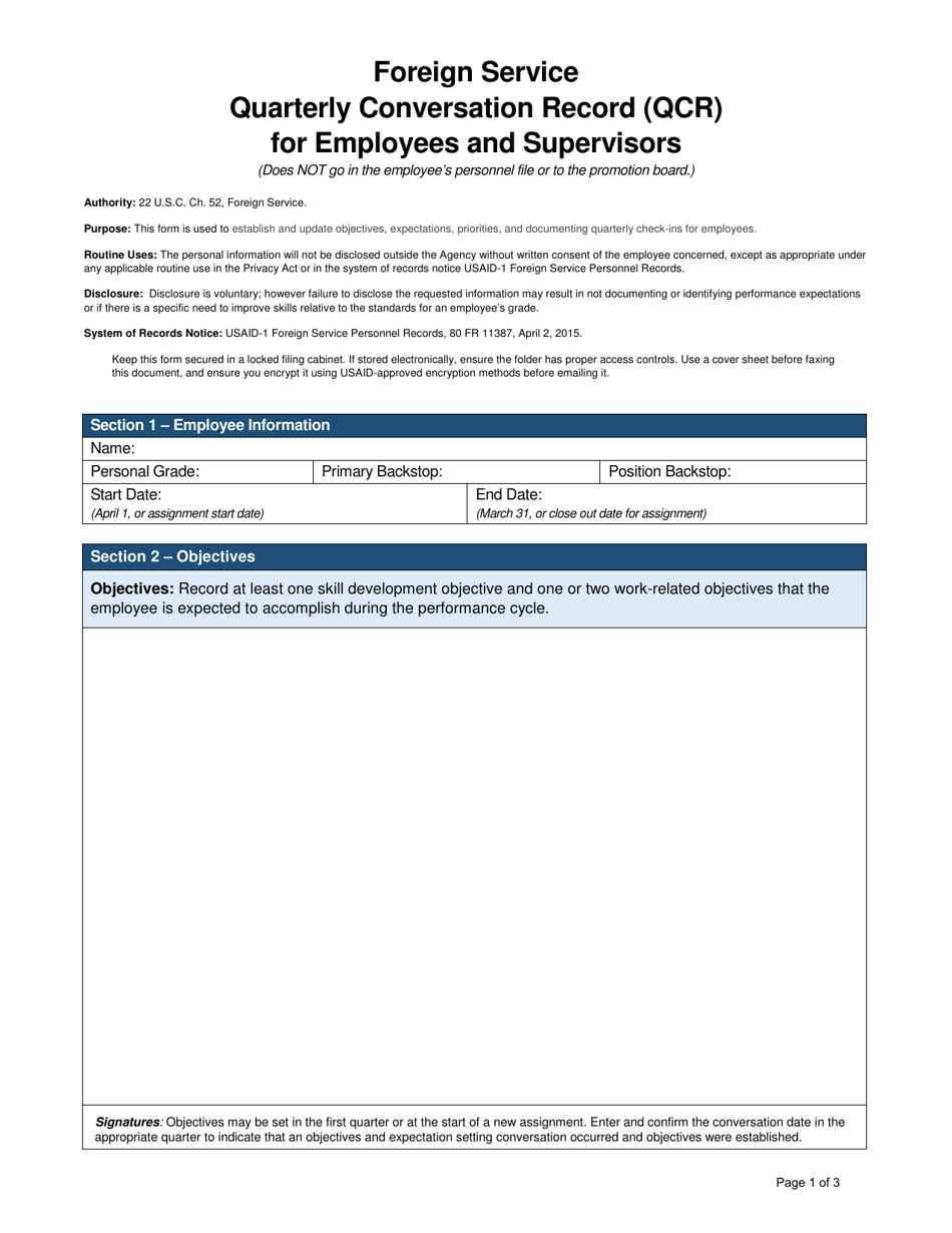 Form AID461-4 Foreign Service Quarterly Conversation Record (Qcr) for Employees and Supervisors, Page 1