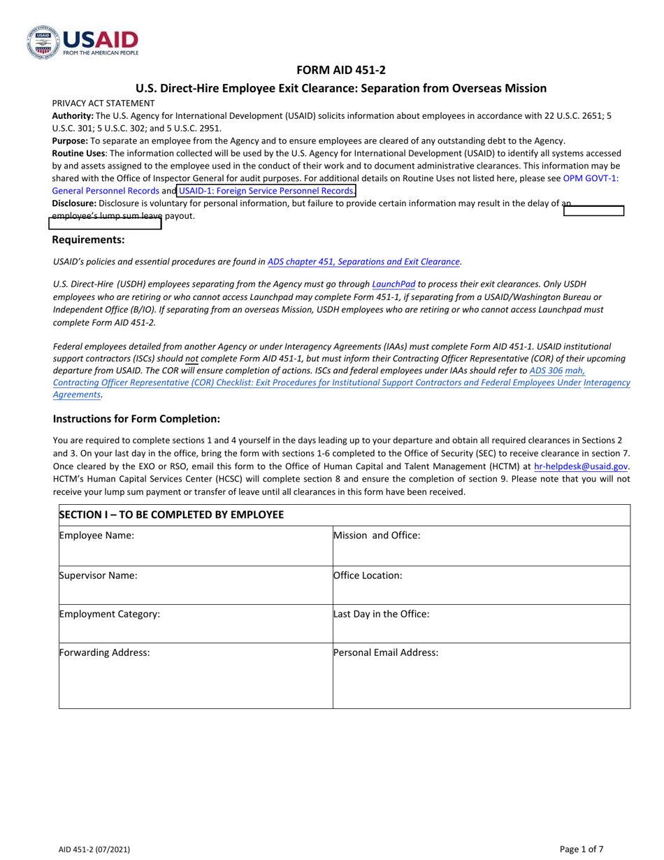 Form AID451-2 U.S. Direct-Hire Employee Exit Clearance: Separation From Overseas Mission, Page 1