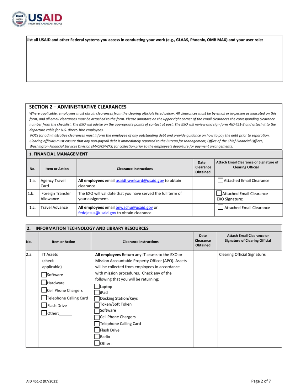 Form AID451-2 U.S. Direct-Hire Employee Exit Clearance: Separation From Overseas Mission, Page 2