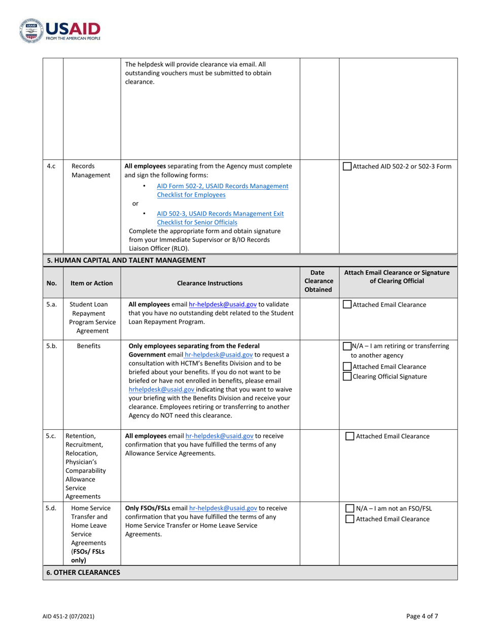 Form AID451-2 U.S. Direct-Hire Employee Exit Clearance: Separation From Overseas Mission, Page 4