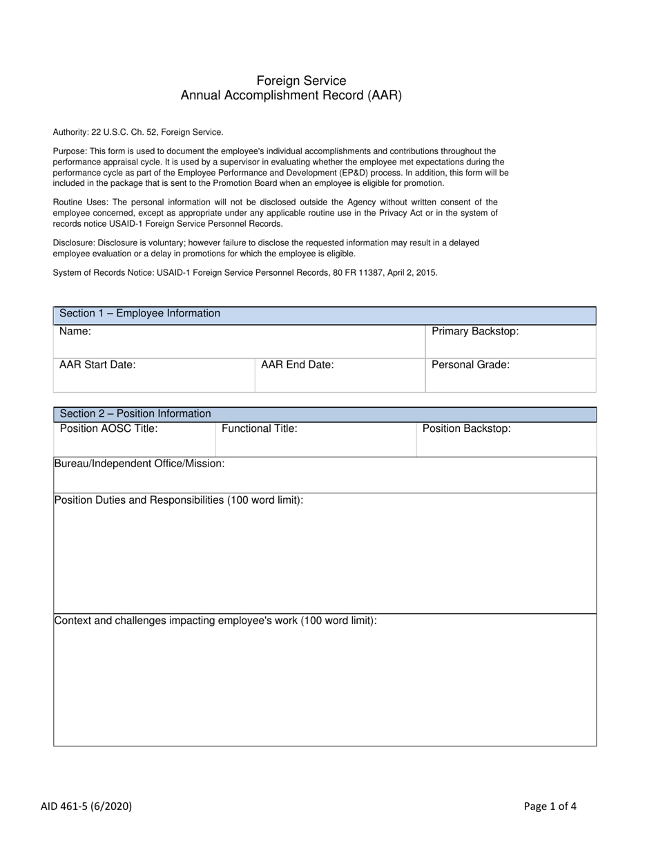 Form AID461-5 Foreign Service Annual Accomplishment Record (AAR), Page 1