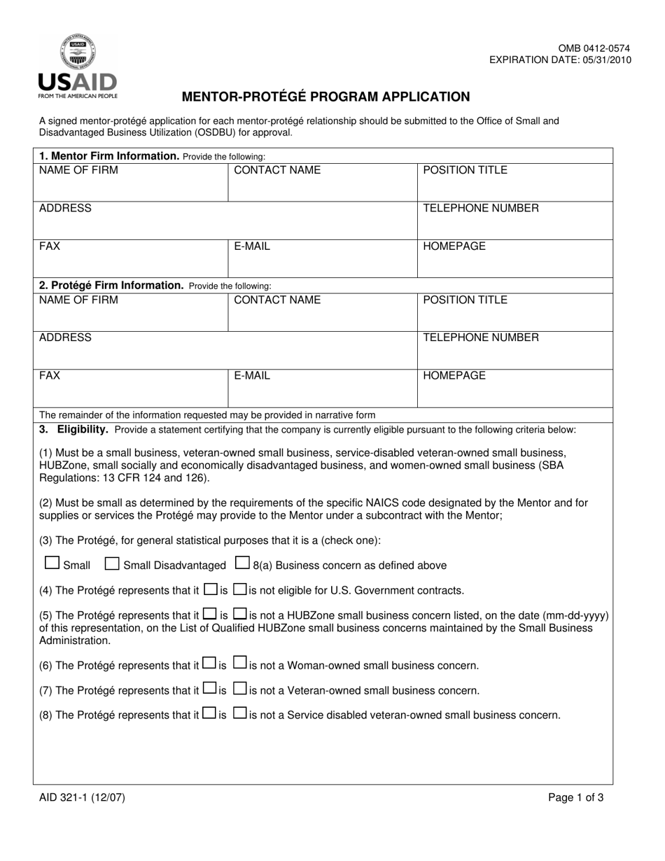 Form AID321-1 Mentor-Protege Program Application, Page 1