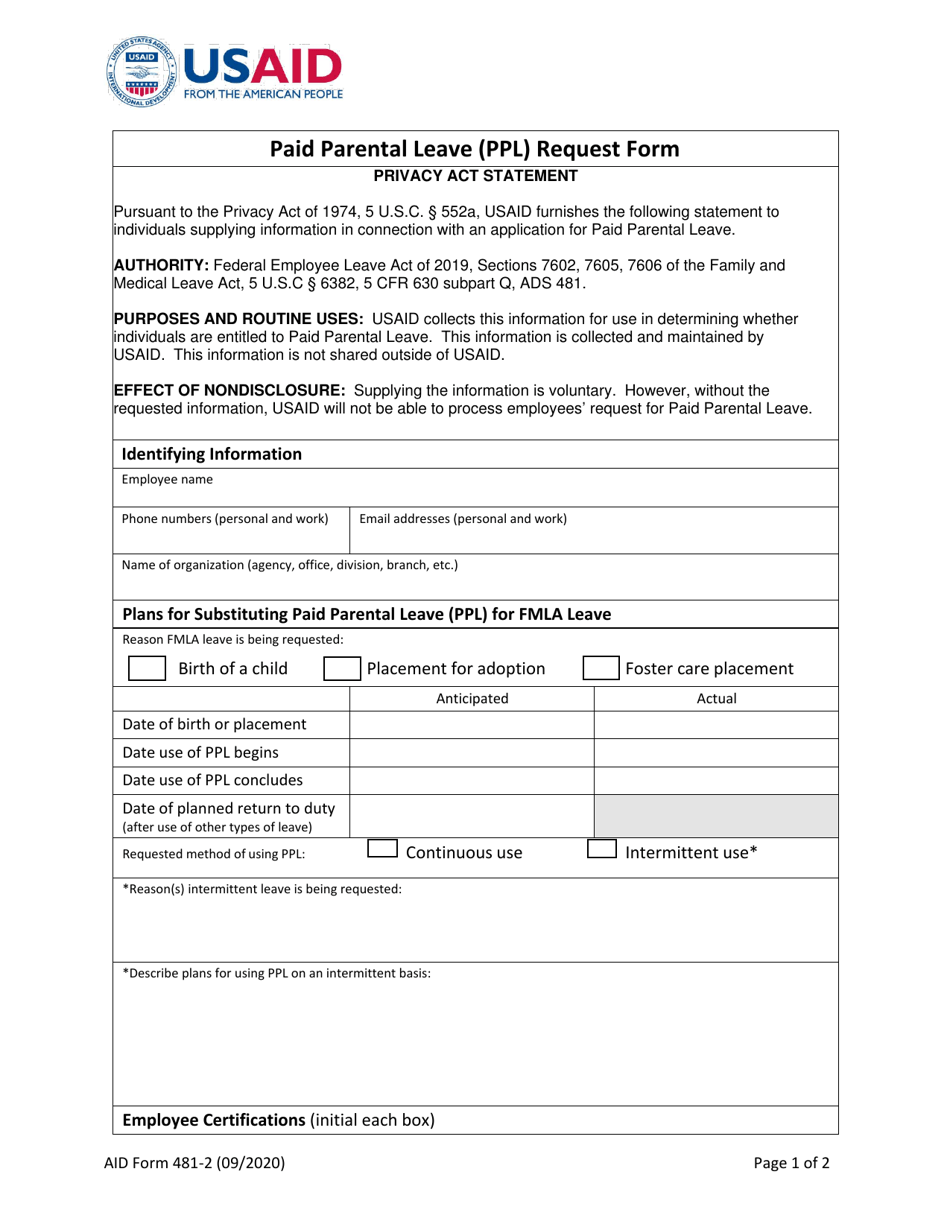 Form AID481-2 Paid Parental Leave (Ppl) Request Form, Page 1