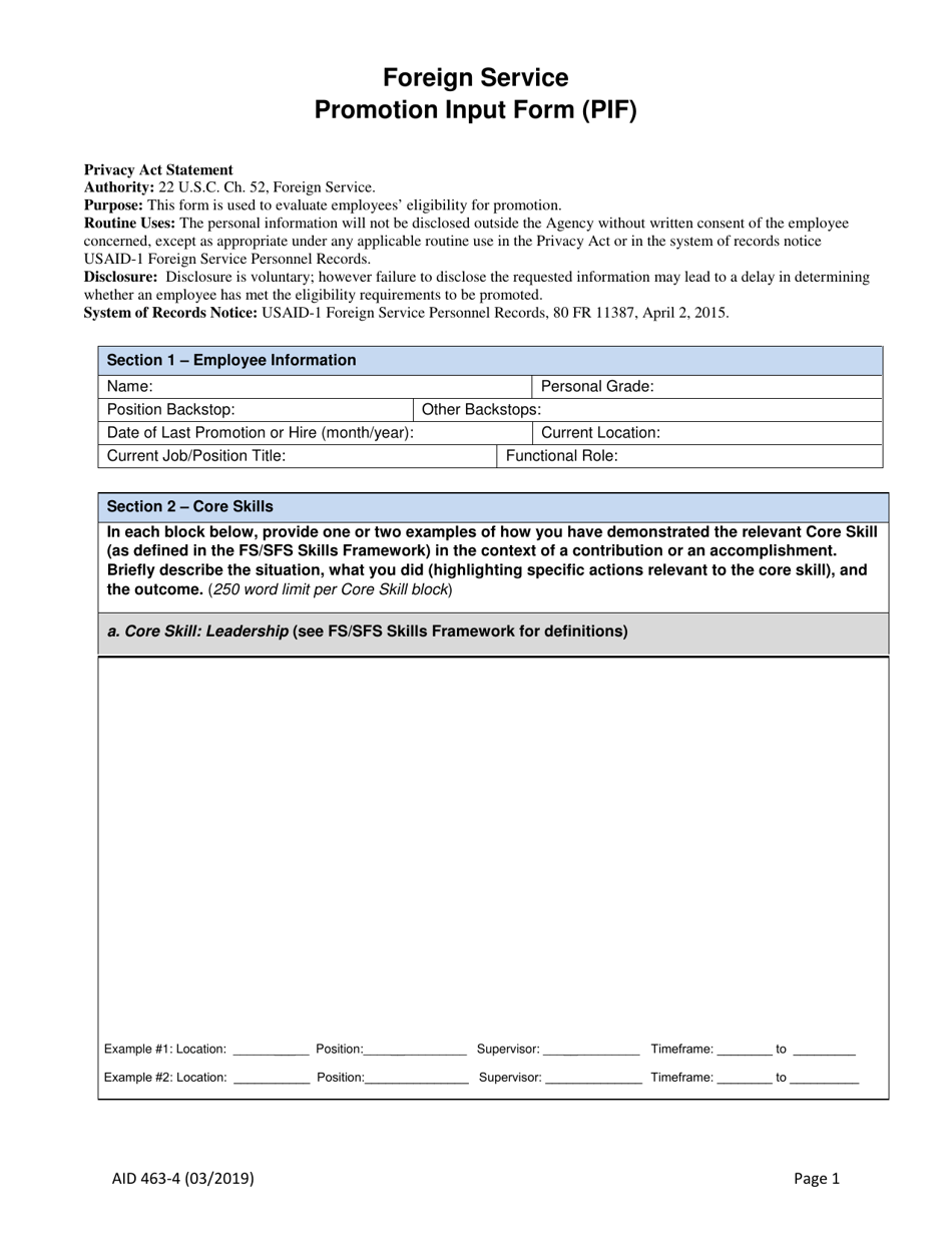 Form AID463-4 Foreign Service Promotion Input Form (PIF), Page 1