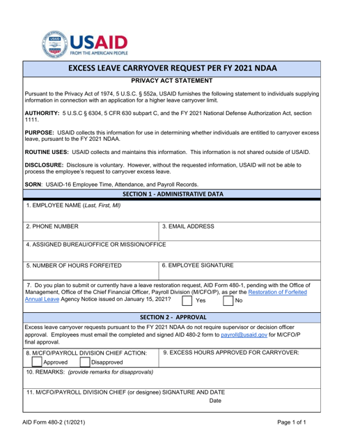 Form AID480-2 Excess Leave Carryover Request, 2021