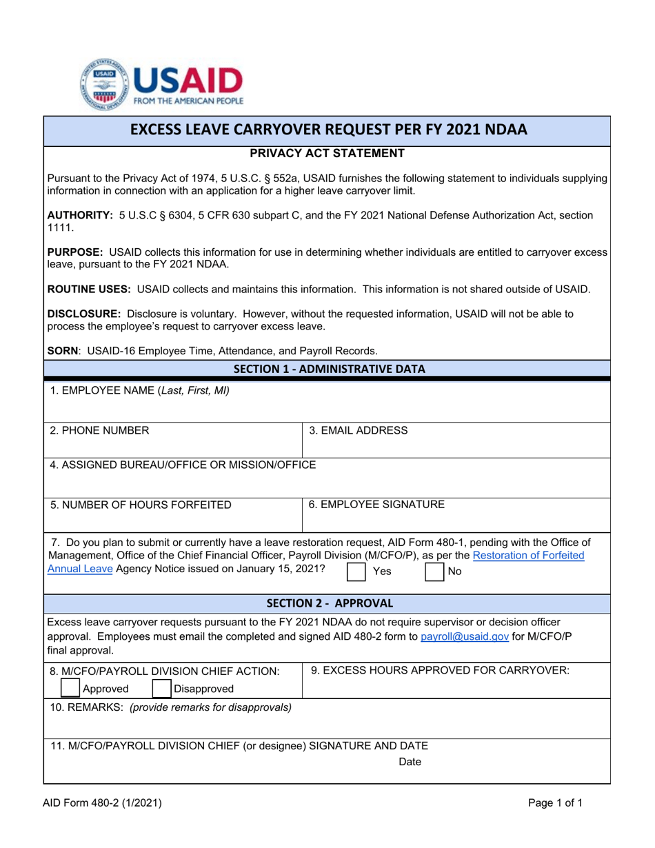 Form AID480-2 Excess Leave Carryover Request, Page 1