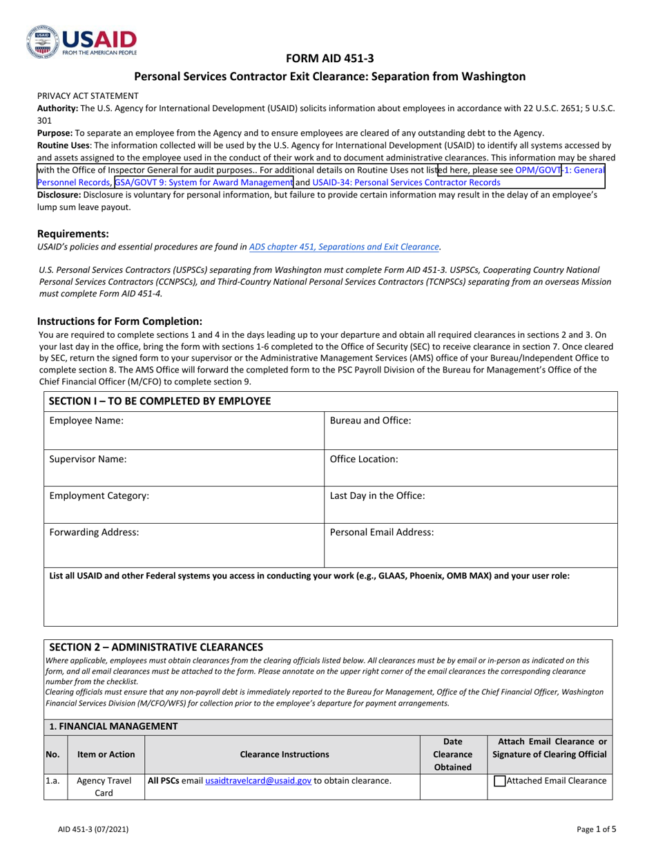 Form AID451-3 Personal Services Contractor Exit Clearance: Separation From Washington, Page 1