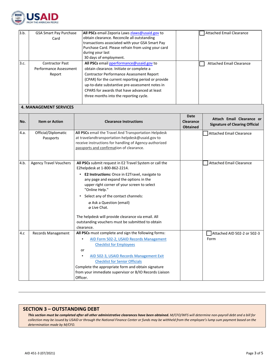 Form AID451-3 Personal Services Contractor Exit Clearance: Separation From Washington, Page 3