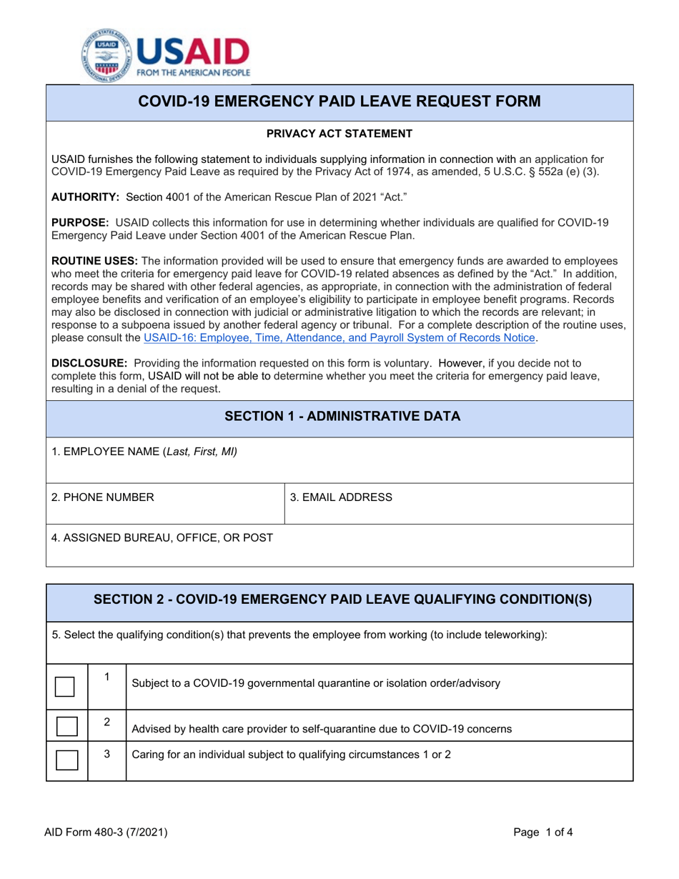 Form AID480-3 Covid-19 Emergency Paid Leave Request Form, Page 1