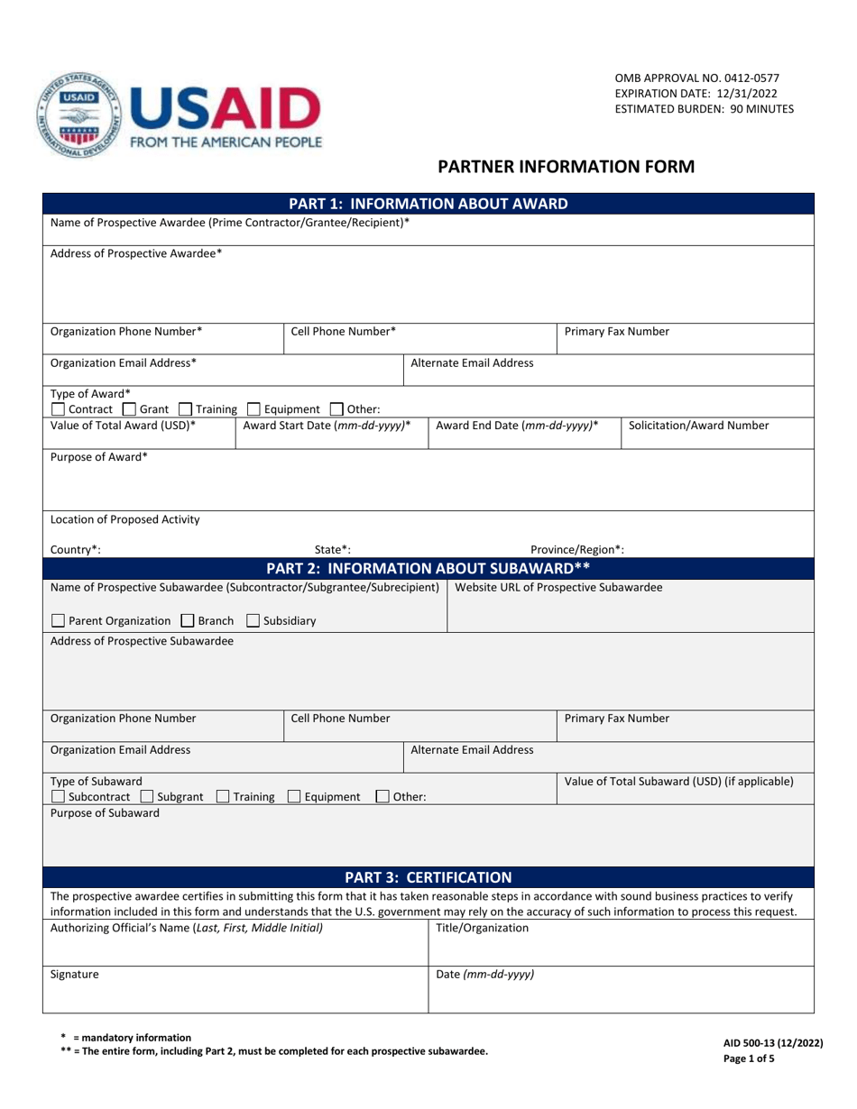 Form AID500-13 Partner Information Form, Page 1