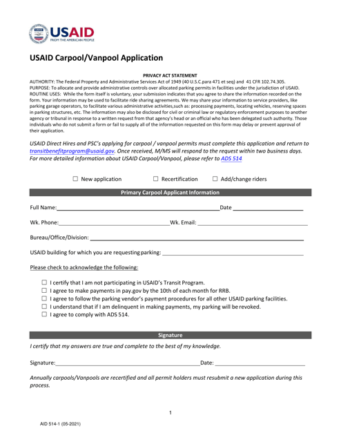Form AID514-1 Usaid Carpool/Vanpool Application