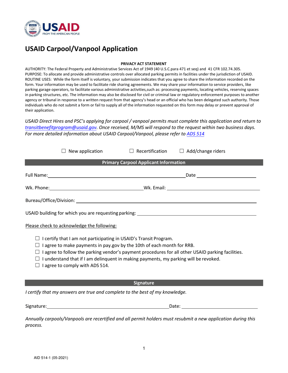 Form AID514-1 Usaid Carpool / Vanpool Application, Page 1