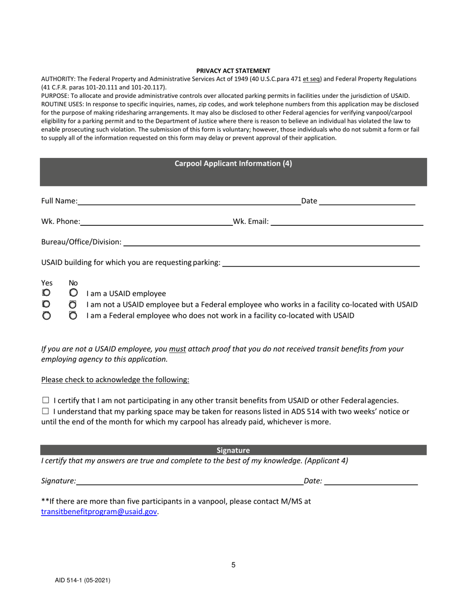 Form AID514-1 Usaid Carpool / Vanpool Application, Page 5
