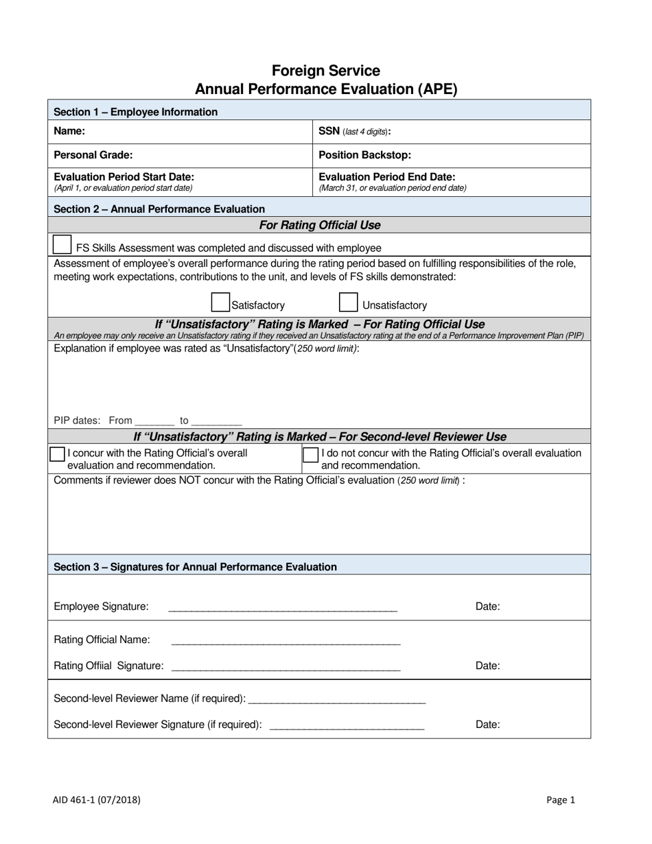 Form AID461-1 Foreign Service Annual Performance Evaluation (Ape), Page 1