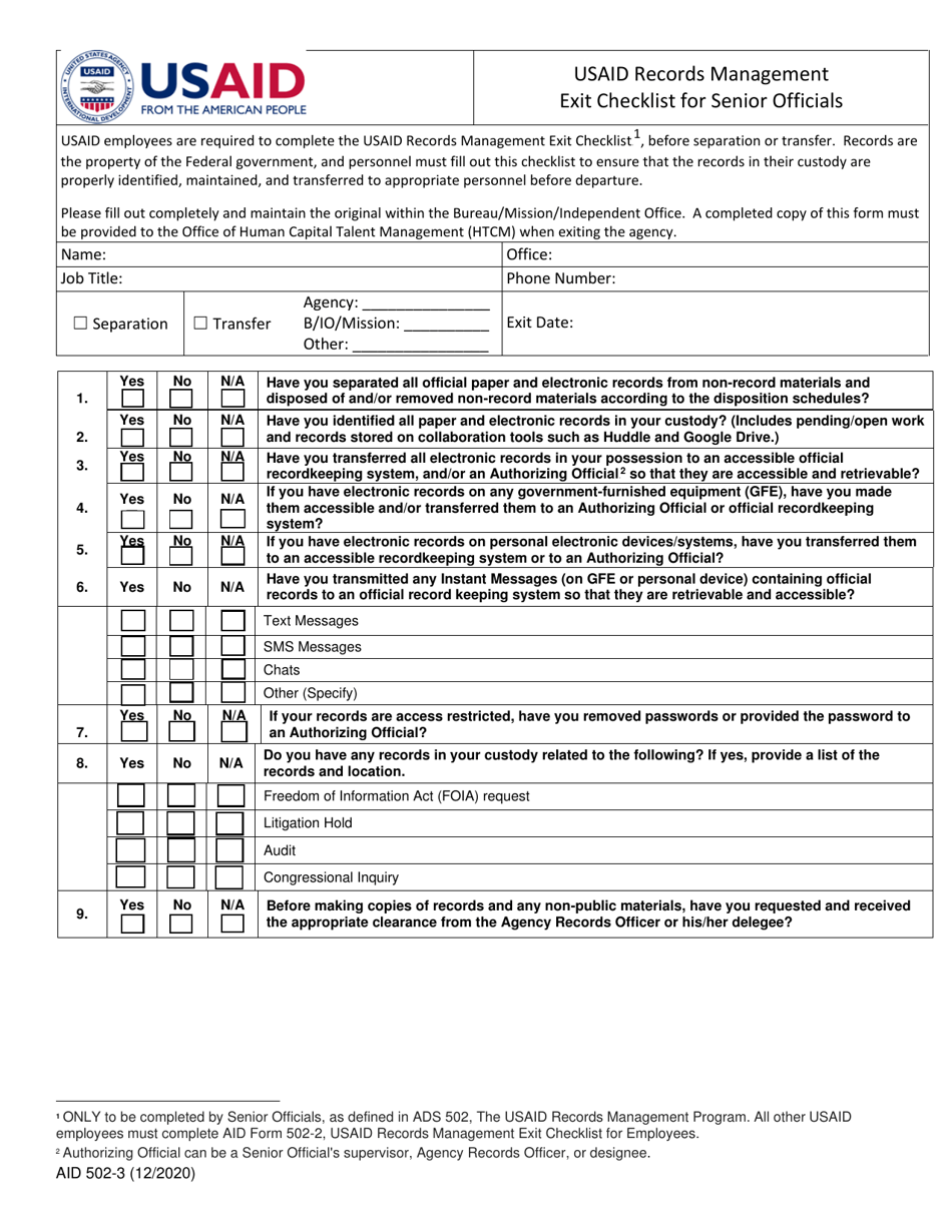 Form AID502-3 Usaid Records Management Exit Checklist for Senior Officials, Page 1